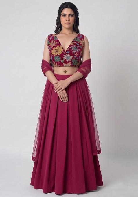Dark Pink Printed Crepe Lehenga Set