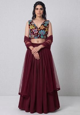 Deep Maroon Printed Crepe Lehenga Set