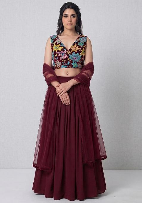 Deep Maroon Printed Crepe Lehenga Set
