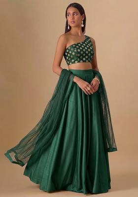 Dark Green Zari Satin Lehenga Set