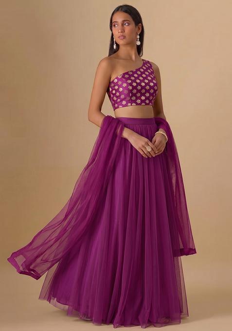 Purple Zari Satin Lehenga Set