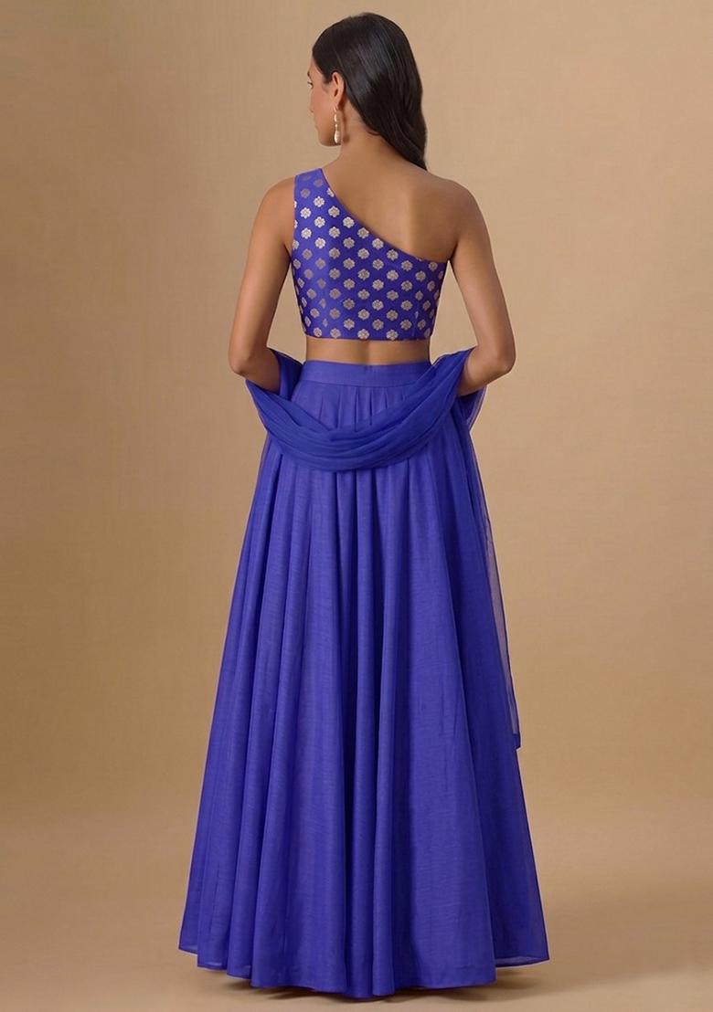 Navy Blue Zari Satin Lehenga Set - Indya