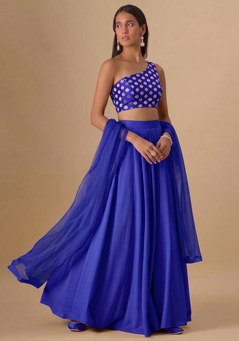 Navy Blue Zari Satin Lehenga Set