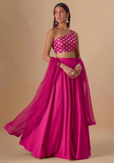 Pink Zari Satin Lehenga Set