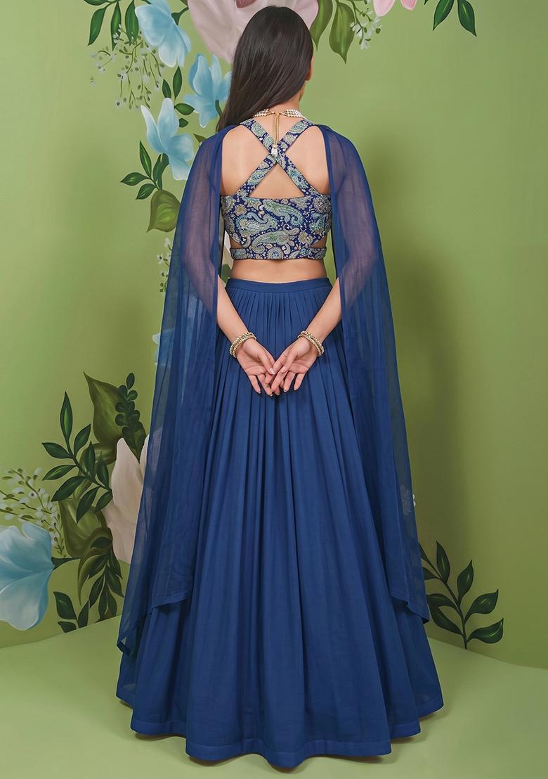 Navy Blue Printed Crepe Lehenga Set - Indya