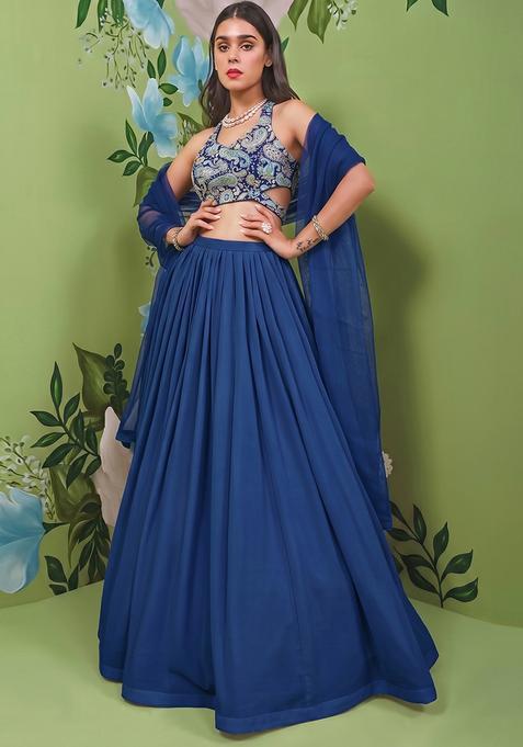 Navy Blue Printed Crepe Lehenga Set