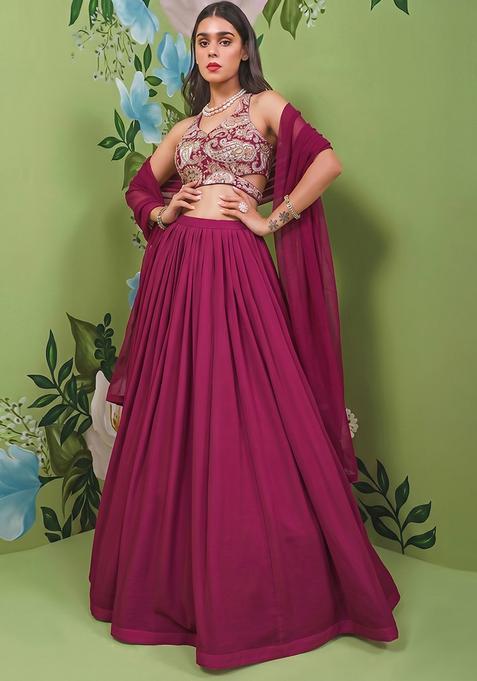 Rani Pink Printed Crepe Lehenga Set