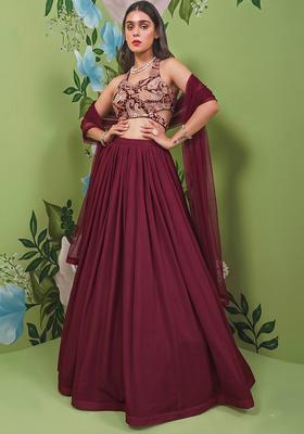 Deep Maroon Printed Crepe Lehenga Set