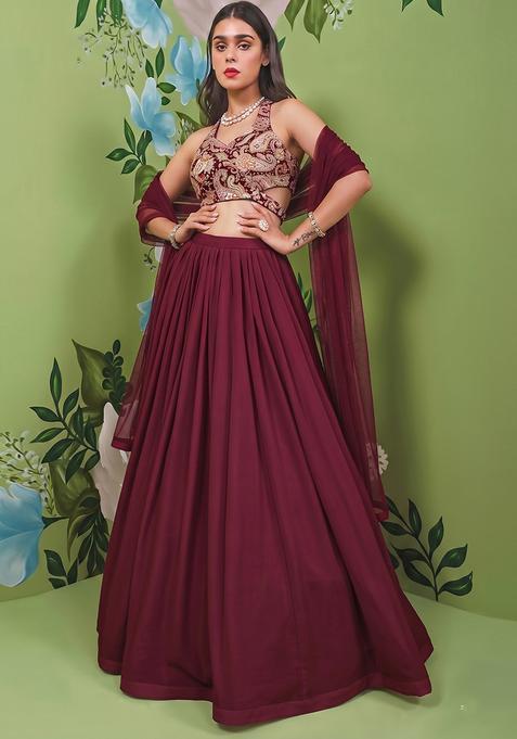 Deep Maroon Printed Crepe Lehenga Set