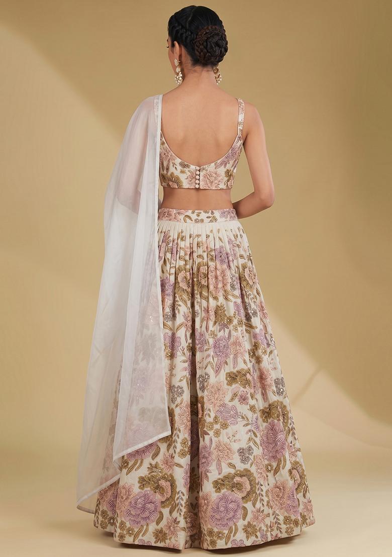 Ivory Printed Chinon Lehenga Set - Indya