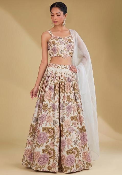 Ivory Printed Chinon Lehenga Set