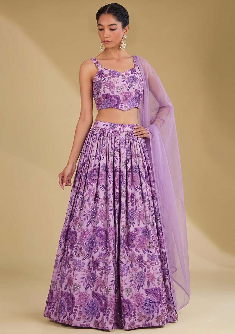 Purple Printed Chinon Lehenga Set for Diwali and Festive Wear - Indya
