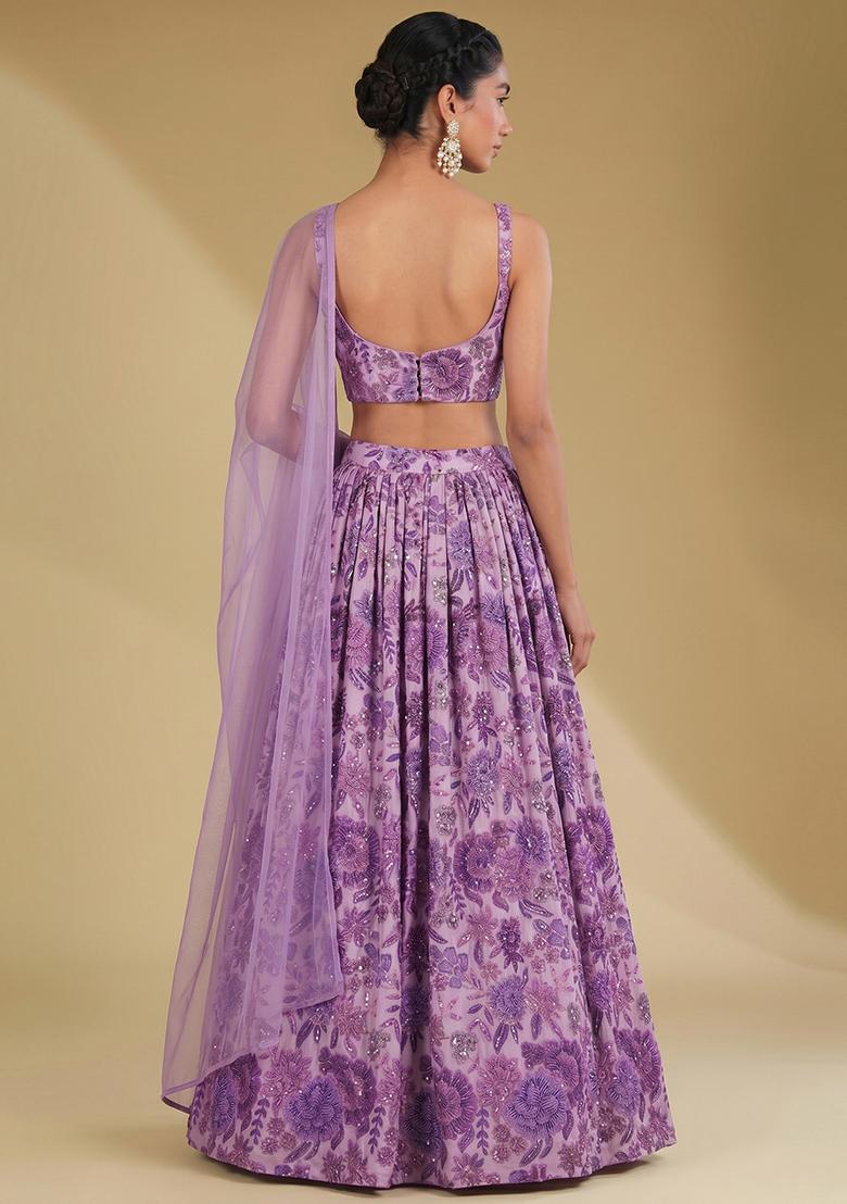 Purple Printed Chinon Lehenga Set - Indya