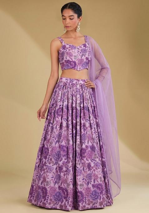 Purple Printed Chinon Lehenga Set