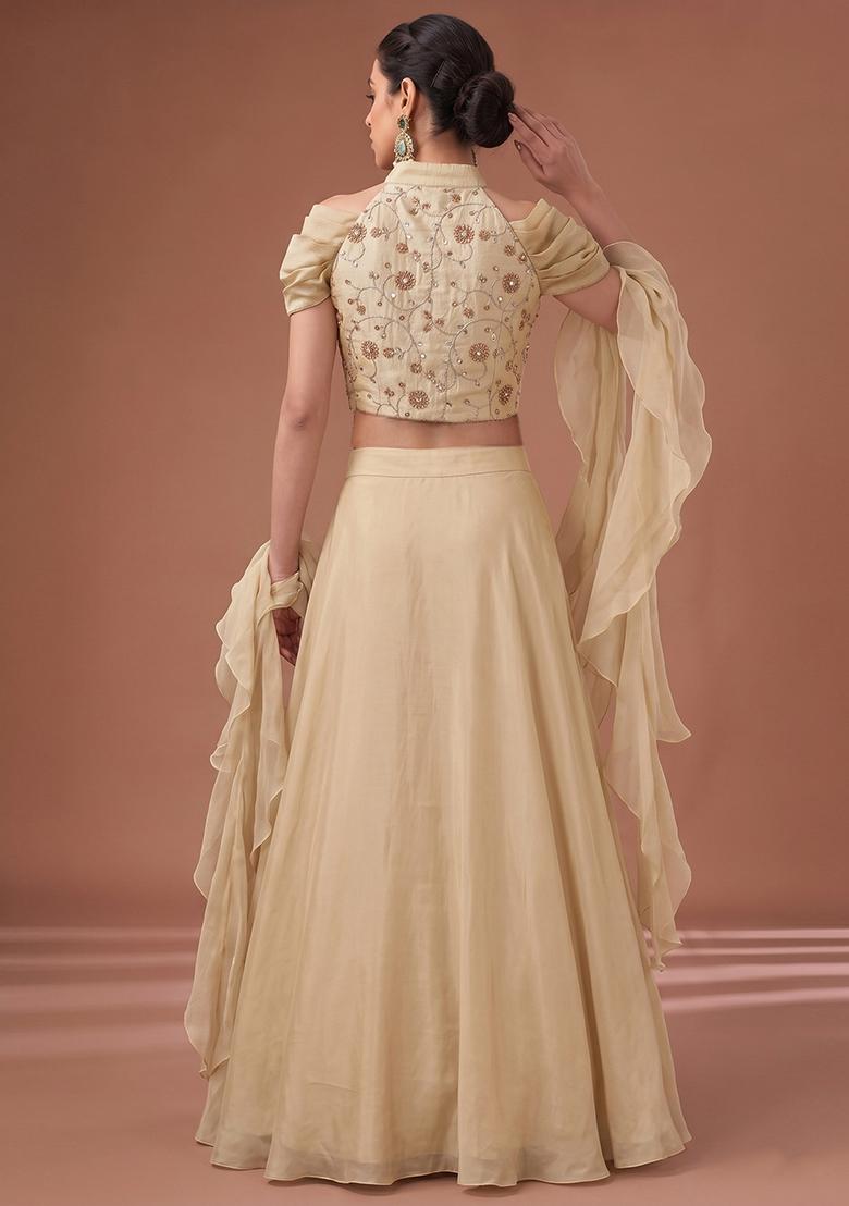 Ivory Embroidered Cosmos Lehenga Set - Indya