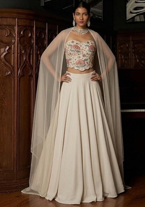 Off White Printed Organza Lehenga Set