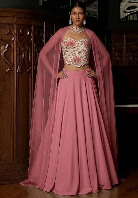 Soft Pink Printed Organza Lehenga Set