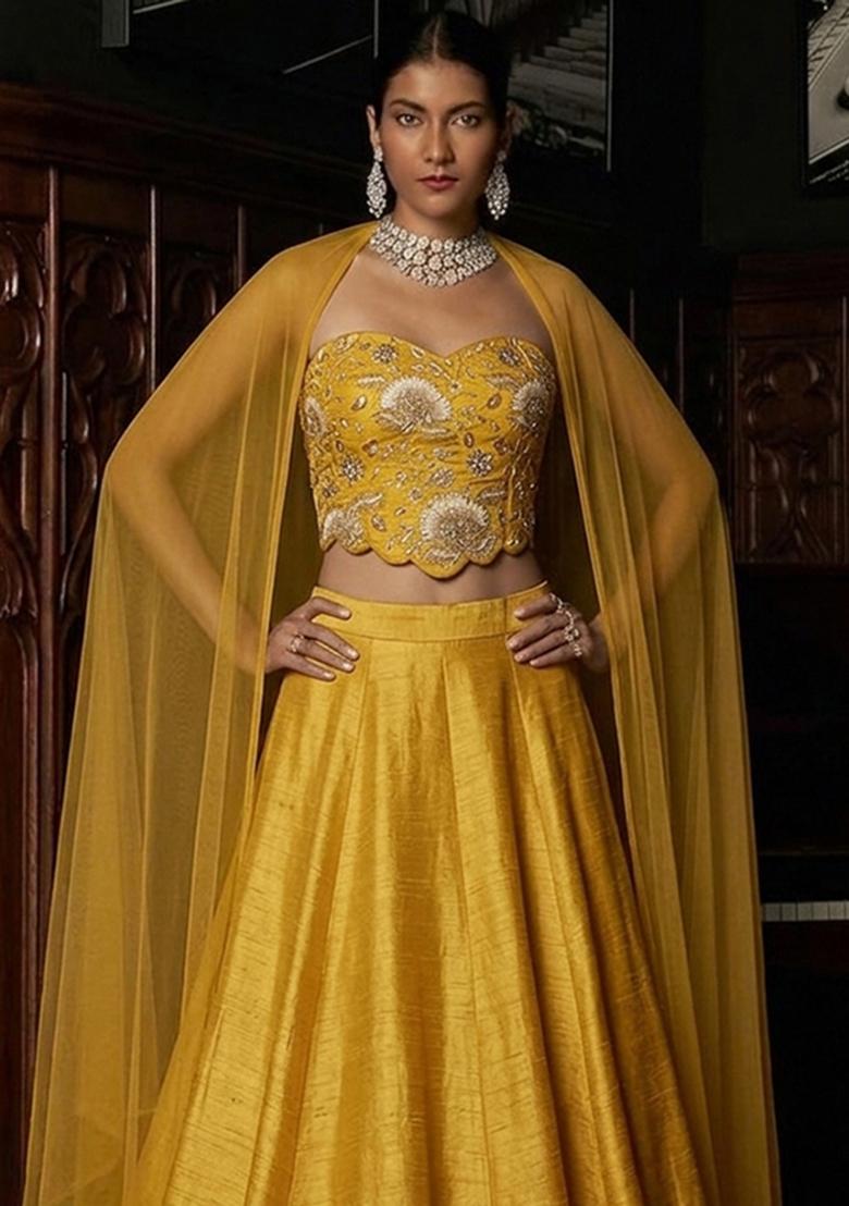 Mustard Printed Organza Lehenga Set - Indya