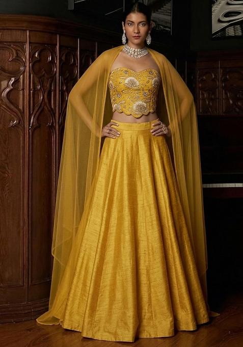 Mustard Printed Organza Lehenga Set