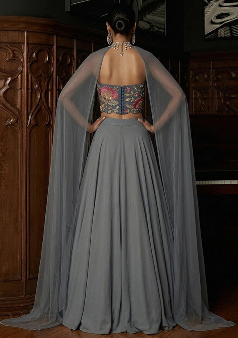 Grey Printed Organza Lehenga Set - Indya