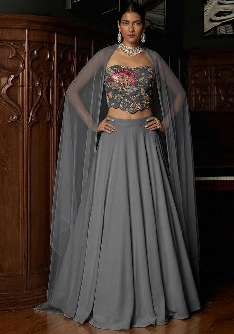 Grey Printed Organza Lehenga Set