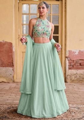 Mint Green Printed Organza Lehenga Set