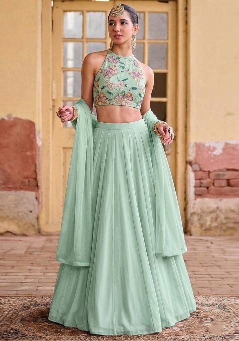 Mint Green Printed Organza Lehenga Set