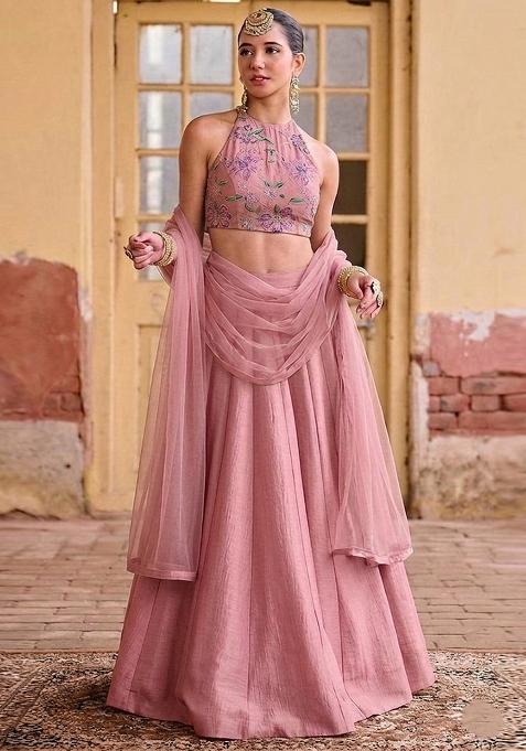 Pink Printed Organza Lehenga Set