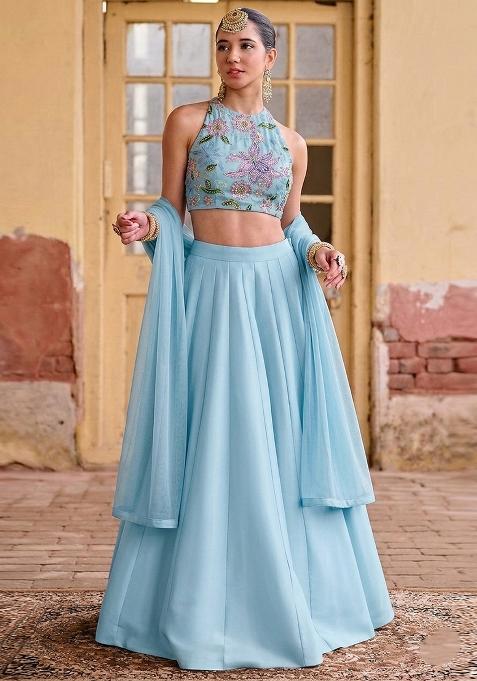 Pastel Blue Printed Organza Lehenga Set