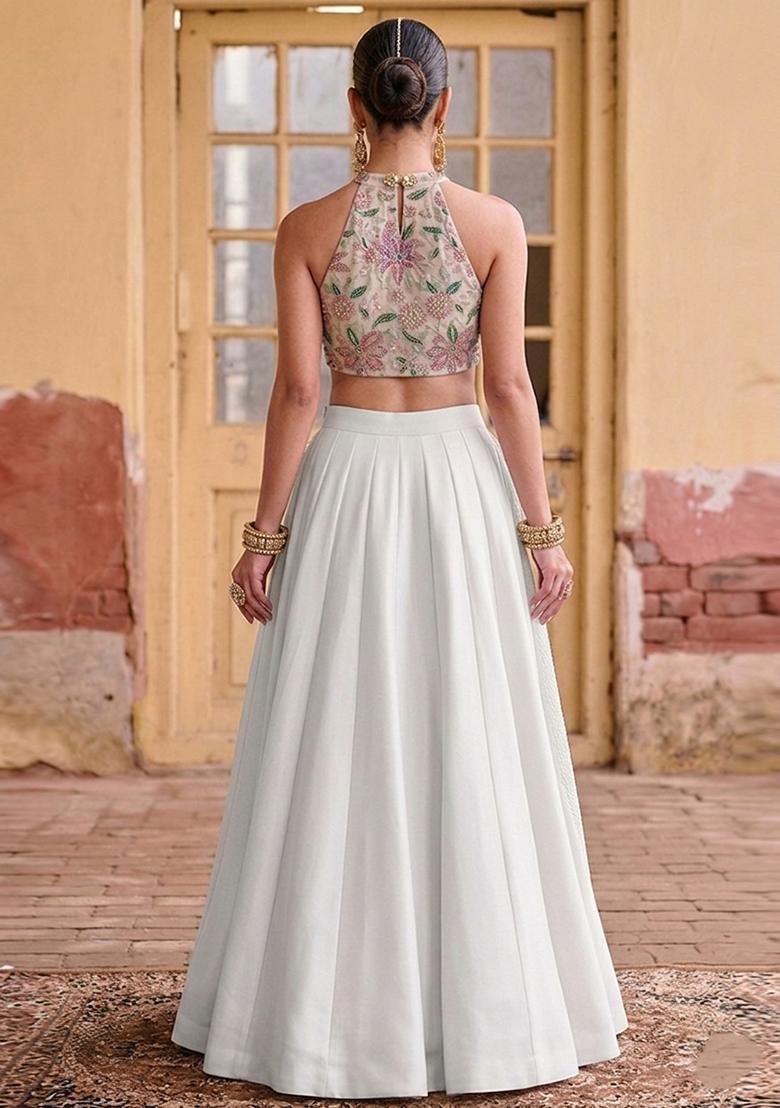 White Printed Organza Lehenga Set - Indya