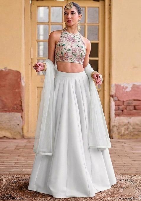 White Printed Organza Lehenga Set