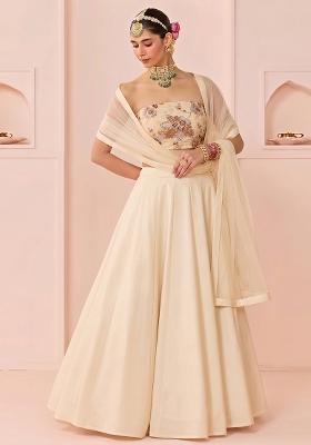 Cream Printed Organza Lehenga Set