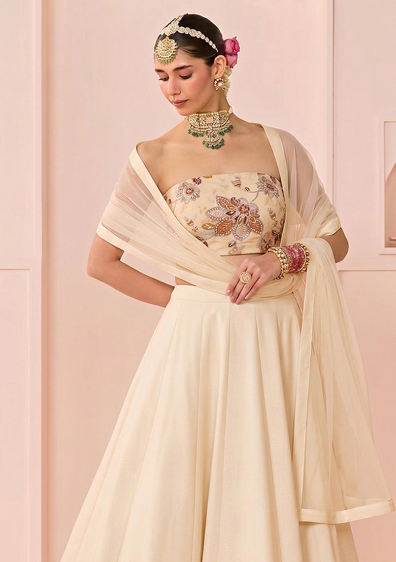 Cream Printed Organza Lehenga Set - Indya