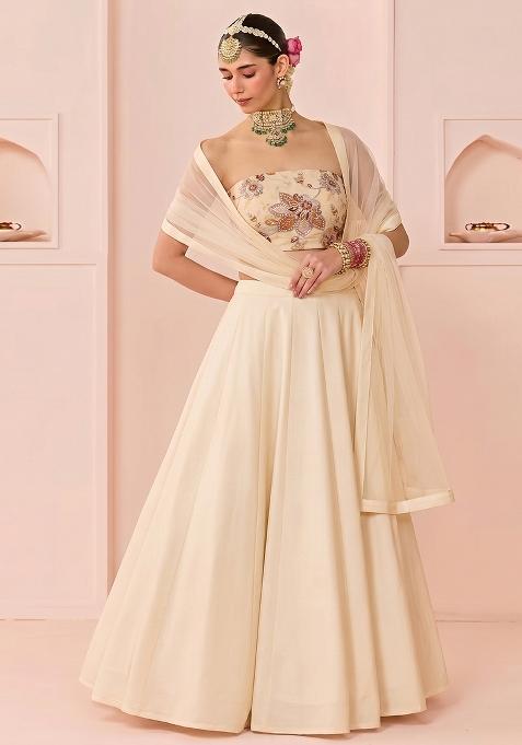Cream Printed Organza Lehenga Set