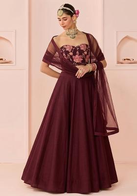 Deep Maroon Printed Organza Lehenga Set
