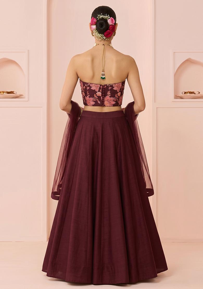 Deep Maroon Printed Organza Lehenga Set - Indya