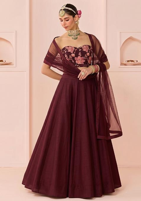 Deep Maroon Printed Organza Lehenga Set