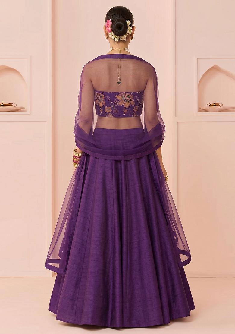 Purple Printed Organza Lehenga Set - Indya