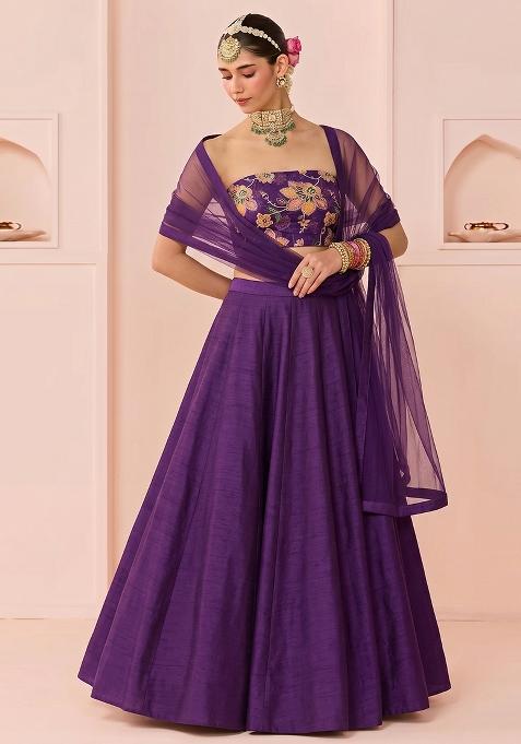 Purple Printed Organza Lehenga Set