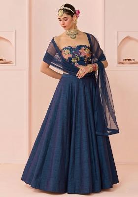 Navy Blue Printed Organza Lehenga Set
