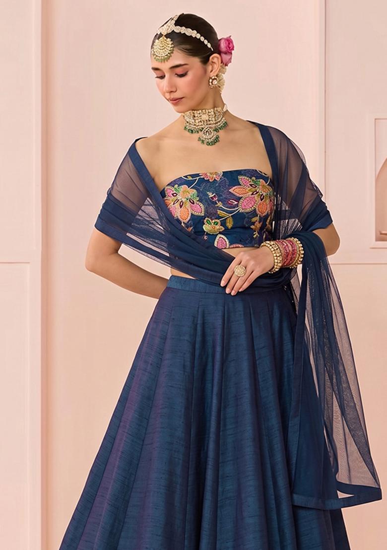 Navy Blue Printed Organza Lehenga Set - Indya
