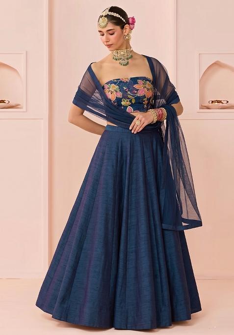 Navy Blue Printed Organza Lehenga Set