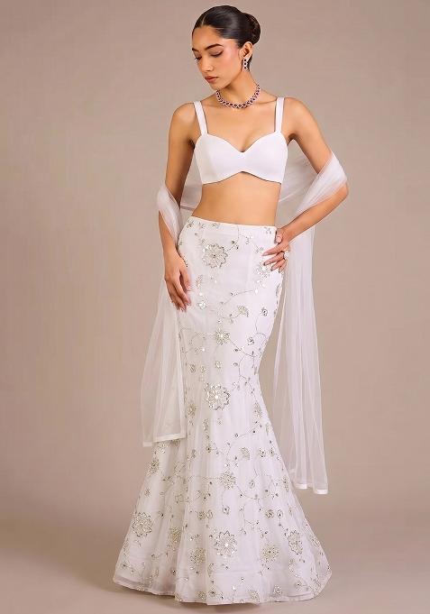 White Embroidered Silk Lehenga Set