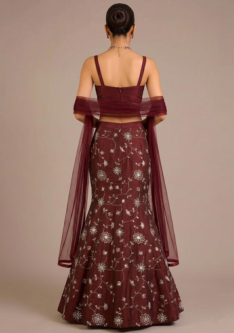 Brown Embroidered Silk Blend Lehenga Set - Indya