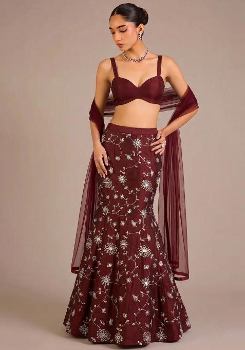 Brown Embroidered Silk Lehenga Set