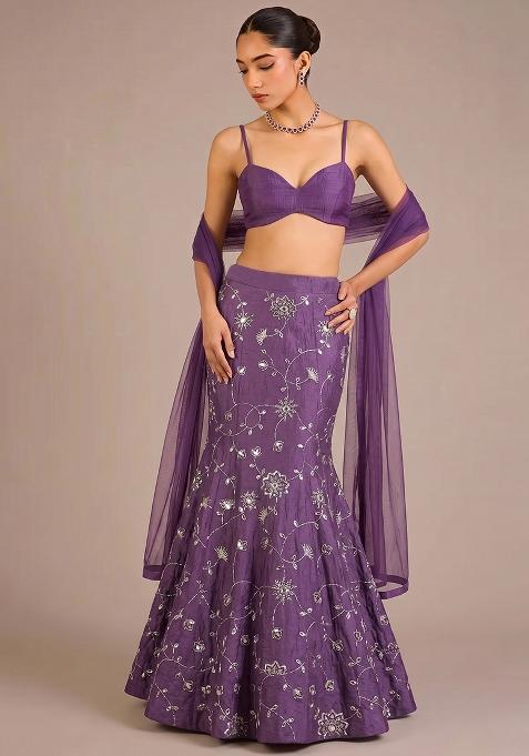 Lavender Embroidered Silk Lehenga Set