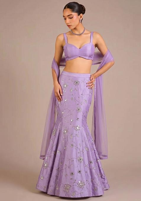 Lilac Embroidered Silk Lehenga Set