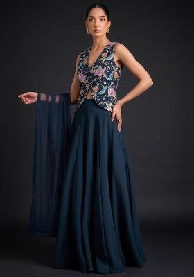 Black Printed Crepe Lehenga Set