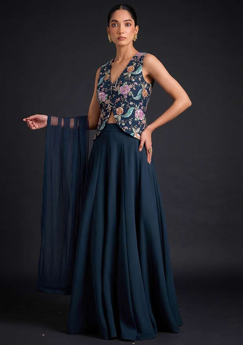 Black Crepe Lehenga Set with Printed for Diwali | Wedding & Festive Wear - Indya