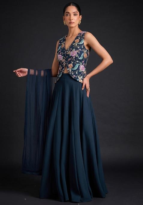 Black Printed Crepe Lehenga Set